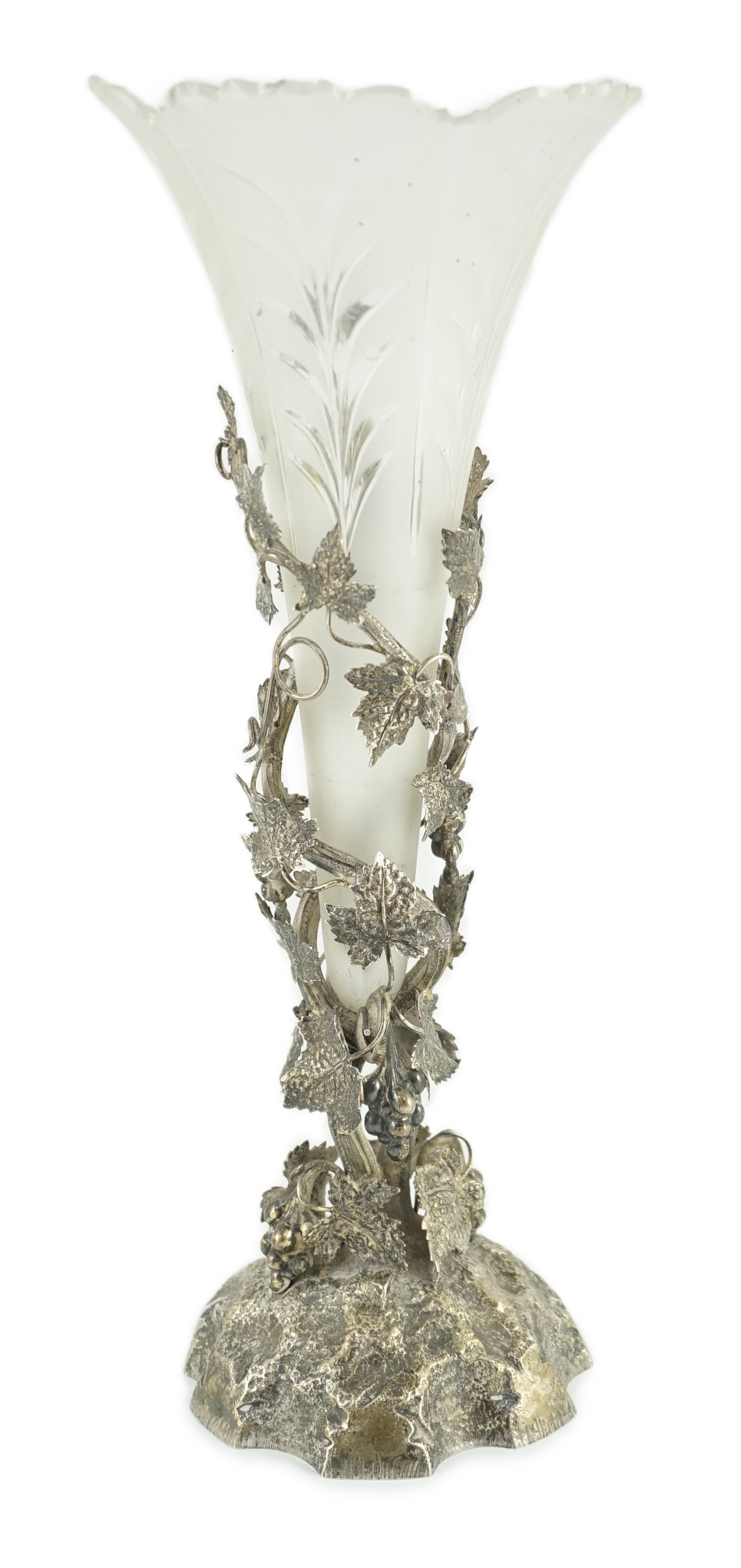 A late Victorian silver centrepiece, with frosted glass trumpet shaped insert, by Cornelius Joshua Vander